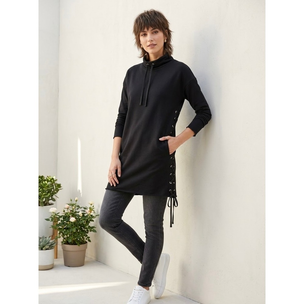 Lace Up Funnel Neck Indigenous Black Organic Cotton Sweatshirt Dress Size S